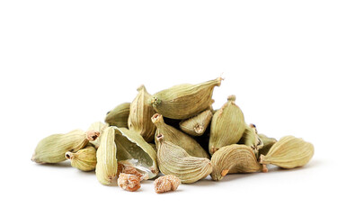 Pile of cardamom and a broken one close up on a white background. Isolated