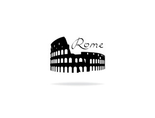 Rome travel landark Coliseum. Italian famous place Coliseum silhouette icon with handwritten Lettering Rome.