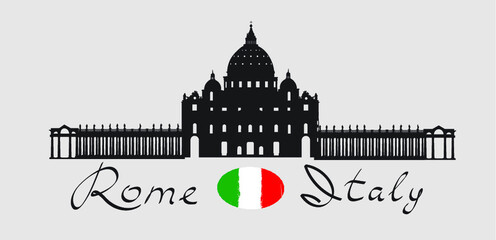 Rome travel landark San Peter Cathedral. Italian famous place San Pietro square silhouette icon with handwritten Lettering Rome Italy and italian flag.