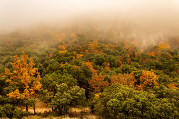 Fuente Roja natural park in Alcoi on a foggy autumnal day.