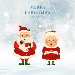 Merry Christmas. Happy new year. Santa Claus with Mrs. Claus, Reindeer, snowman in Christmas snow scene winter landscape. Mrs. Claus Together. Vector cartoon character of Santa Claus