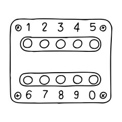 Hand-draw black vector illustration of metallic intercom lock with ten buttons located on a metal sheet on the door