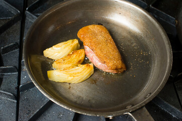 Roast duck. Duck breast pan seared in olive oil, butter, garlic and garnished with scallions, Italian parsley and lemons. Classic Italian and American restaurant or French bistro entree or appetizer.