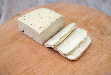 tofu  on wood background.