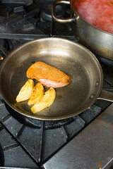Roast duck. Duck breast pan seared in olive oil, butter, garlic and garnished with scallions, Italian parsley and lemons. Classic Italian and American restaurant or French bistro entree or appetizer.