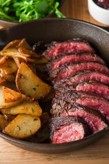 Steak and potatoes. Grade A grass fed angus beef steaks. Tenderloin, filet mignon, New York strip, bone in rib-eye grilled medium rare on outdoor wood-fired grill. Classic American steakhouse entree.