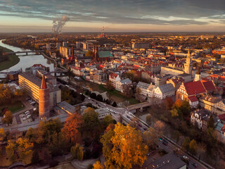 Naklejka premium A drone view of the historic city with the market square, churches and town hall in Opole during the Autumn in Silesia, Opole, Poland.