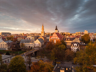 Naklejka premium A drone view of the historic city with the market square, churches and town hall in Opole during the Autumn in Silesia, Opole, Poland.