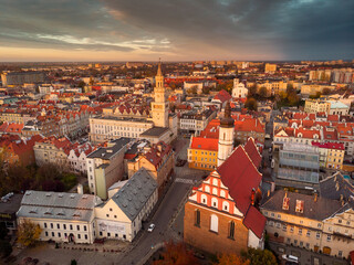 A drone view of the historic city with the market square, churches and town hall in Opole during the Autumn in Silesia, Opole, Poland.