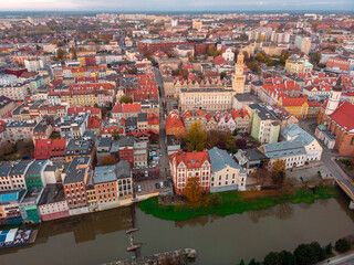 Fototapeta na wymiar A drone view of the historic city with the market square, churches and town hall in Opole during the Autumn in Silesia, Opole, Poland.