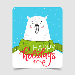 Merry Christmas and Happy New Year. Christmas greeting card template vector  Postcard or Poster or Flyer template. Illustrations of cute bear with accessories