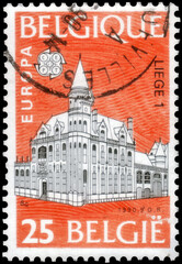 Postage stamp issued in Belgium with the image of Liege post office. From the series on Europa, C.E.P.T., Post Office Buildings,  1990