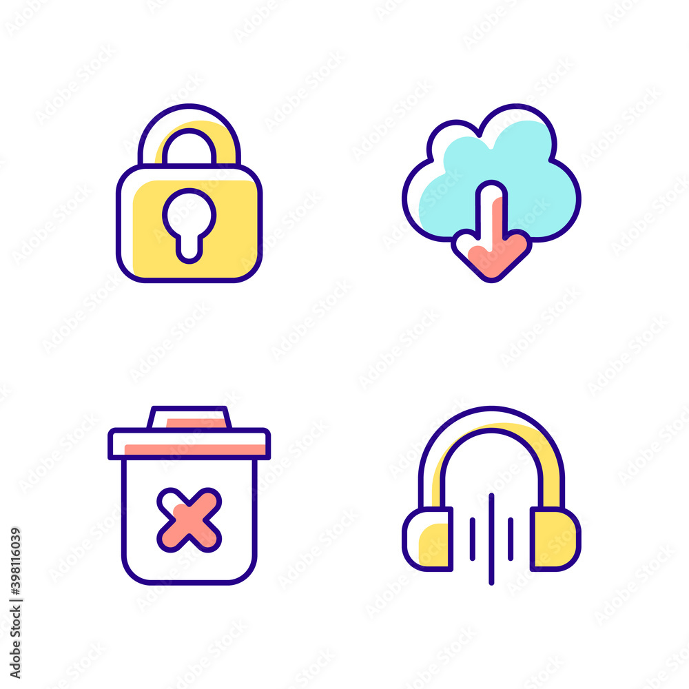 Poster modern interface rgb color icons set. downloading information from remote cloud server. music listen