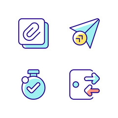 Mobile application interface RGB color icons set. Sending messages to different people. Enabling timer. Enter and exit. Isolated vector illustrations