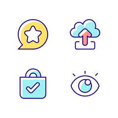 Easy to use interface creation process RGB color icons set. Uploading data to remote server. Buying things in online stores. Isolated vector illustrations