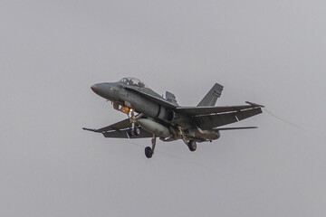 Zaragoza, SPAIN - December 1 2020 - F-A-18A + Hornet two-seater fighter plane belonging to the...