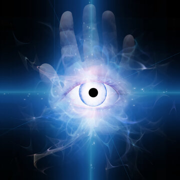 Eye with light on human palm