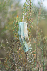 protection mask hooked on a plant polluting and dirtying nature