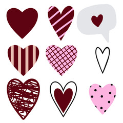 Hearts stickers set. Valentine's day hearts for card, poster, banner, logo, icons, web, pattern, scrapbooking. Flat style illustration. Love symbol, romantic clipart set. Hand drawn.