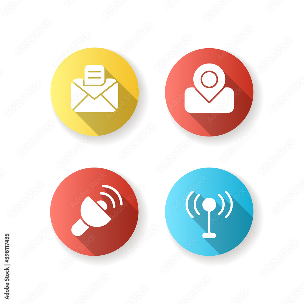 Aufkleber mobile interface flat design long shadow glyph icons set. texting and chat application. maps, gps. l