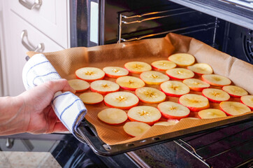 A woman housewife puts a baking sheet of sliced apples into an electric oven to dry. Dried fruits,...
