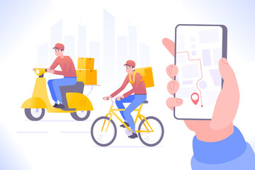 Online delivery service concept. Courier guys riding moped and bicycle delivering package or parcel box. Fast delivery service. Mobile tracking app on smartphone screen, vector illustration