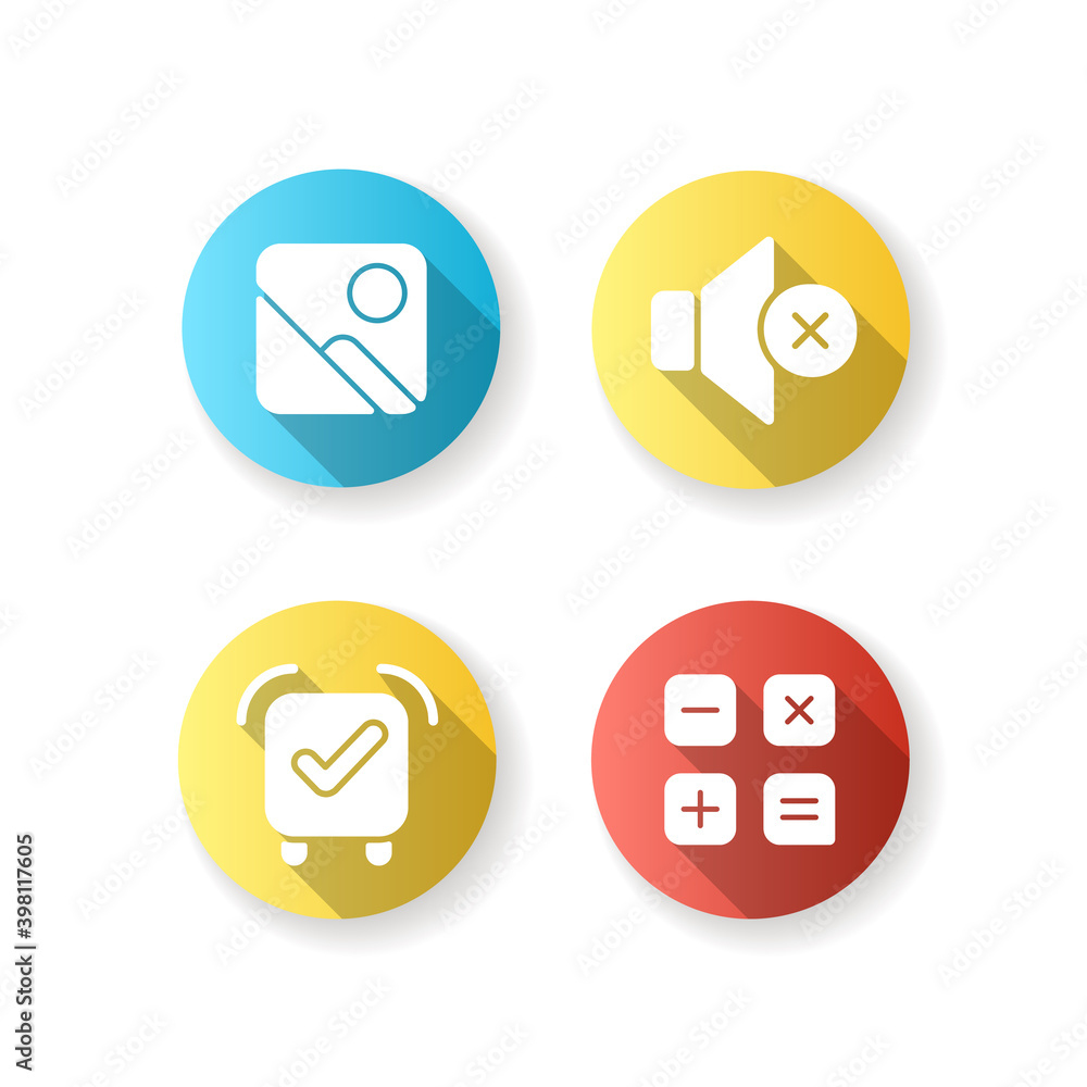 Poster smartphone interface flat design long shadow glyph icons set. photo gallery. silent mode. alarm cloc