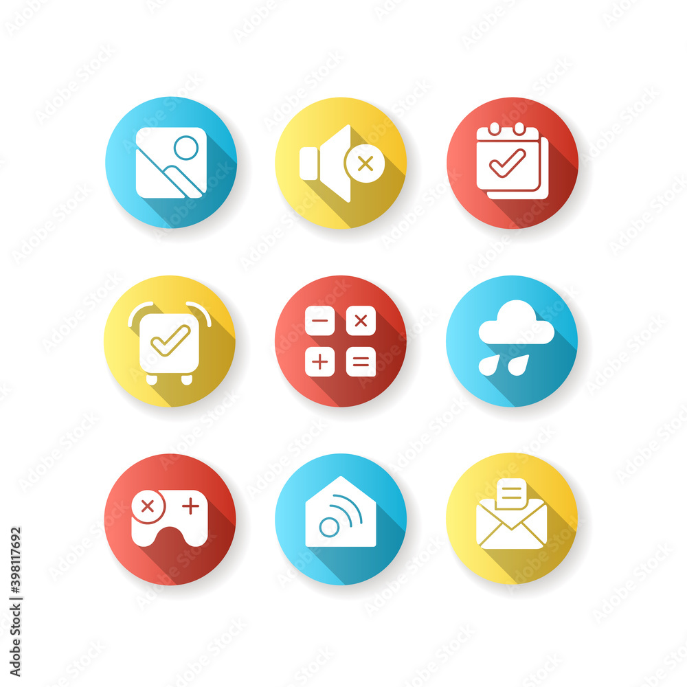 Sticker Smartphone interface flat design long shadow glyph icons set. Photo gallery. Silent mode. Calendar. Alarm clock. Calculator. Weather forecast. Smart home. Messenger. Silhouette RGB color illustration