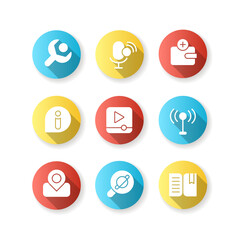 Smartphone interface flat design long shadow glyph icons set. Settings menu. Voice assistant. Wallet. News. Video player. Maps, GPS. Web browser. Book reader. Silhouette RGB color illustration