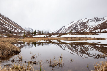 Mountain reflections in pond of Chugach State Park, Alaska