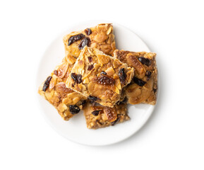 Crunchy cereal cookies with nuts and raisins isolated