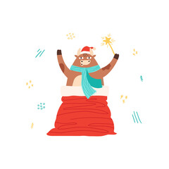 The male cow and bull sits in a bright red bag for gifts and holding a sparkler candle. Animal holidays cartoon character. VectorCute funny cow, bull or ox cow sits in a bright red bag for gifts and