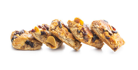 Crunchy cereal cookies with nuts and raisins isolated