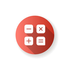 Calculator app red flat design long shadow glyph icon. Arithmetic operations. Performing calculations. Addition, subtraction, multiplication and division. Silhouette RGB color illustration