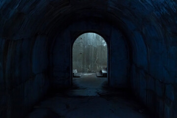 Fototapeta premium A door to freedom, illuminated by light, at the exit from a dark underground corridor glowing with a mysterious blue light.