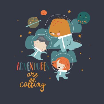 Happy kids flying in cosmos with funny dinosaur