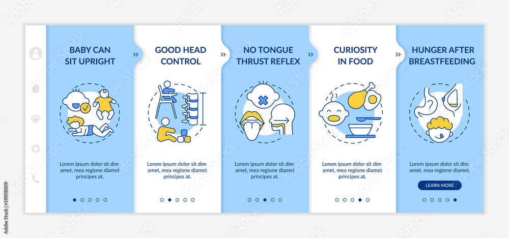 Aufkleber introducing baby food requirements onboarding vector template. baby can sit upright. good head contr