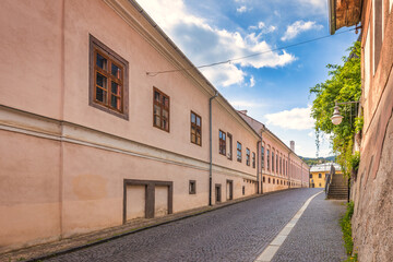 Historic street in centre of Kremnica, important medieval mining town, Slovakia, Europe.