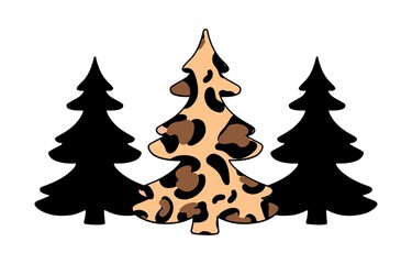 Christmas trees with leopard print isolated on white background. Vector flat illustration. Design for greeting card, pattern, banner, festive print.   