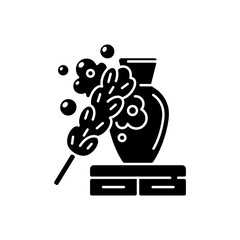 Dusting black glyph icon. Household chore, housekeeping silhouette symbol on white space. House cleaning service, housekeeper duty. Sweeping dust from vase with duster. Vector isolated illustration
