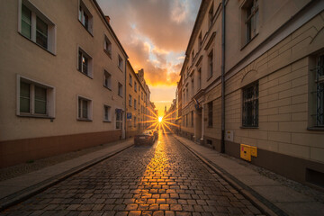 St. Wojciech Street in Opole with the setting sun. Autumn in Silesia-Poland.