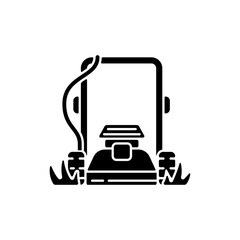 Lawn mowing black glyph icon. Suburban housekeeping chore silhouette symbol on white space. Professional grass trimming, landscaping service. Electric lawnmower. Vector isolated illustration