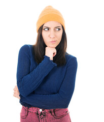 Doubt young woman looking to side, thinking with frowned face expression, isolated on white...