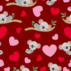 St Valentine’s Day. Seamless pattern. Baby koala sleeping on eucalyptus tree. Funny and cute. Red, pink hearts. Maroon background. Post cards, wallpaper, textile, wrapping paper. Love and romance