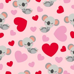 St Valentine’s Day. Seamless pattern. Cartoon baby koala sleeping and smiling. Funny and cute. Red, pink hearts. Pink background. Post cards, wallpaper, textile, wrapping paper. Love and romance