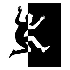 A male silhouette jumps through a dark door. Unknown future, new opportunities. Vector isolated black and white illustration.