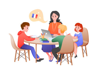 Children study on French lesson in classroom with teacher