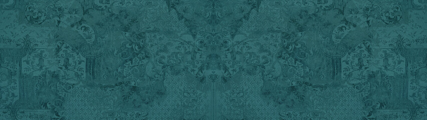 Old turquoise grunge vintage shabby patchwork motif tiles stone concrete cement wall wallpaper...