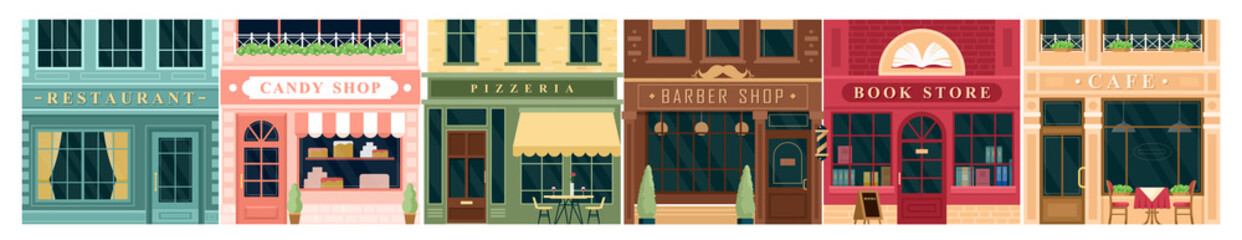 City building vintage facade vector illustration set. Cartoon house exterior with entrance collection, front view and signboard of restaurant candy store pizzeria cafe bookstore barbershop background.