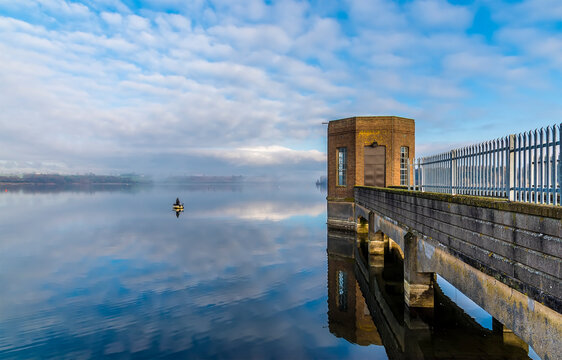 A view northward across the still waters of Pitsford Reservoir, UK in winter